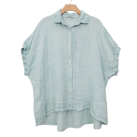 Meo Meli Tunic Top Womens Green One Size Linen Short Sleeve Yoke Boxy Italy - Picture 1 of 11